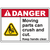 Danger sign warning about moving parts that can crush and cut, emphasizing safety in industrial environments.