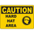 Caution hard hat area sign with symbol for workplace safety and industrial labeling solutions.
