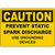 Caution sign for preventing static spark discharge, emphasizing the use of grounding devices in industrial settings.