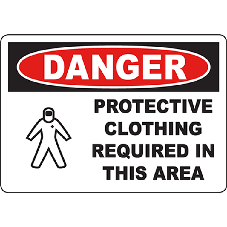 Danger sign indicating protective clothing required in hazardous areas for enhanced safety compliance and awareness.