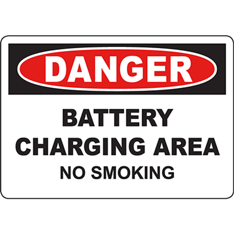 Danger sign for battery charging area emphasizing no smoking for safety in industrial environments.