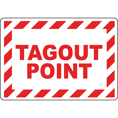 Red and white tagout point safety label for industrial labeling solutions.