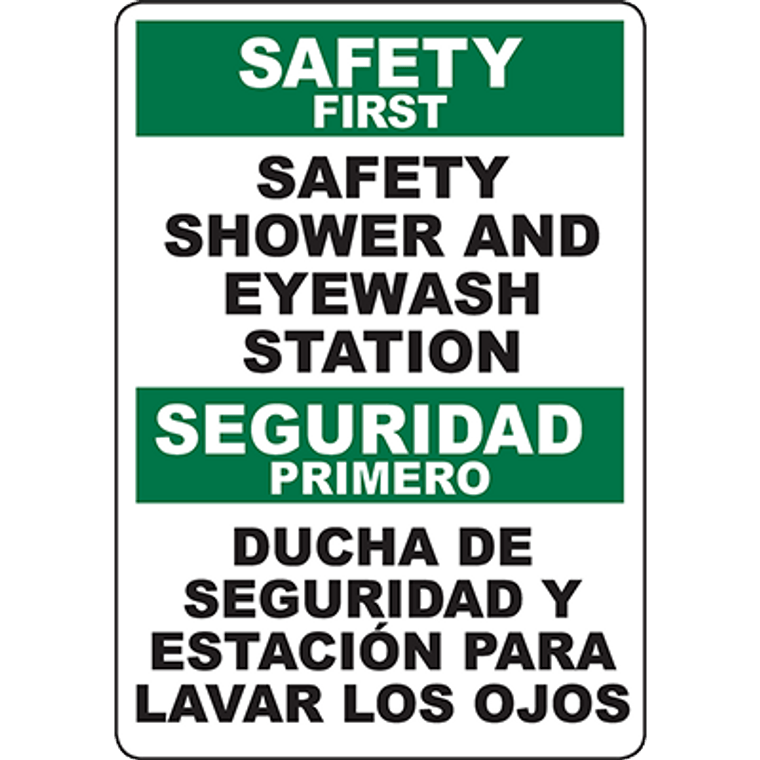 SAFETY FIRST Safety Shower And Eyewash Station Bilingual Sign