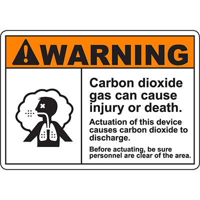 Warning sign about carbon dioxide gas hazards, urging safety before device activation in industrial environments.