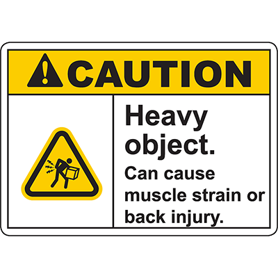 Warning sign for heavy objects, indicating potential muscle strain or back injury hazards in industrial settings.
