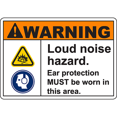 Warning sign for loud noise hazard, requiring ear protection in compliance with safety regulations.