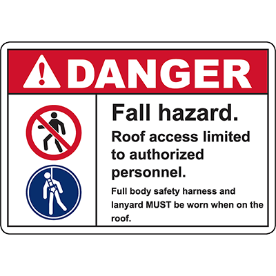 Warning sign indicating roof access restrictions for safety, featuring fall hazard guidelines for authorized personnel.