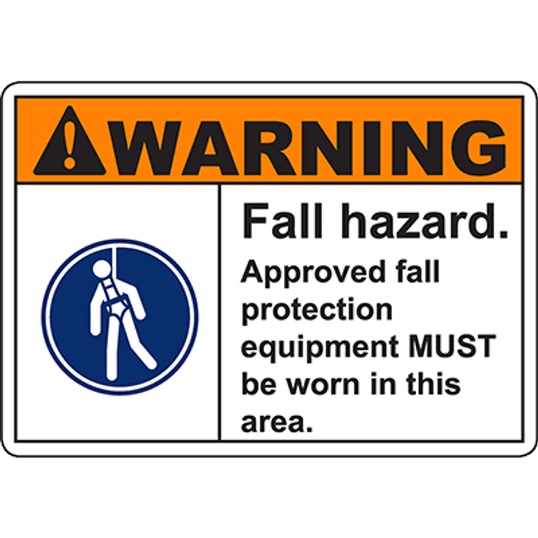 Warning sign for fall hazard, requiring PPE in this area, highlighting industrial safety labeling solutions.