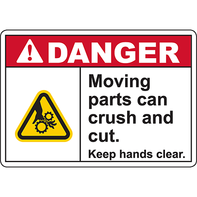 Danger sign warning about moving parts that can crush and cut, emphasizing safety in industrial environments.
