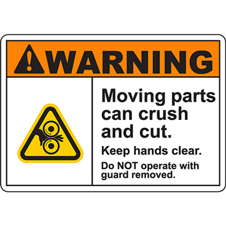 WARNING Moving Parts Can Crush And Cut Sign w/Roller Pinch Symbol
