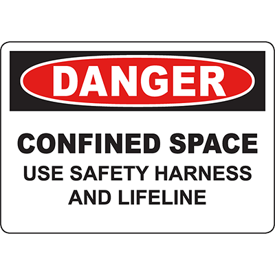 Danger sign for confined spaces, emphasizing the use of safety harness and lifeline for workplace safety.