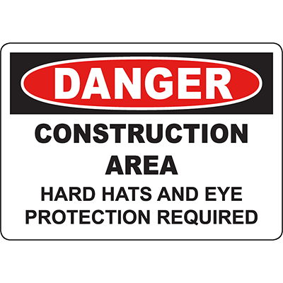 Danger sign for construction area requiring hard hats and eye protection, ideal for industrial safety labeling solutions.