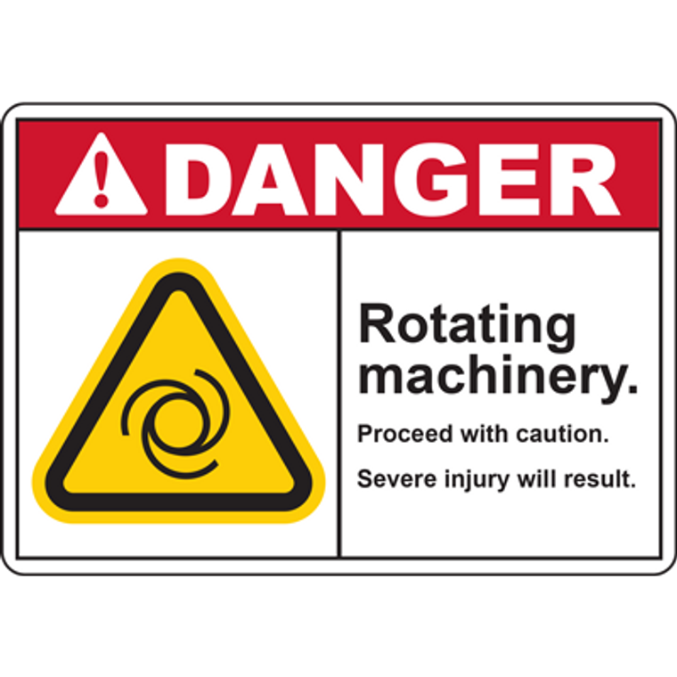 DANGER ROTATING MACHINERY PROCEED WITH CAUTION SEVER INJURY WILL RESULT SIGN