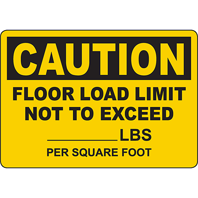 Yellow caution sign indicating floor load limit, customizable with weight capacity, ideal for industrial labeling solutions.