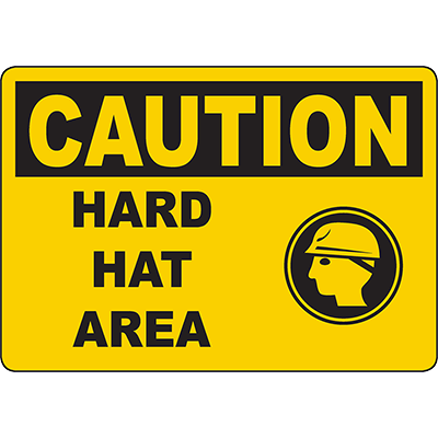 Caution hard hat area sign with symbol for workplace safety and industrial labeling solutions.