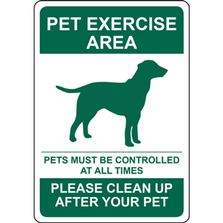 Sign for pet exercise area reminding owners to control pets and clean up, ideal for safe outdoor spaces.