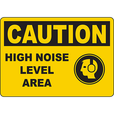 Caution sign indicating high noise level area, essential for workplace safety and industrial labeling solutions.