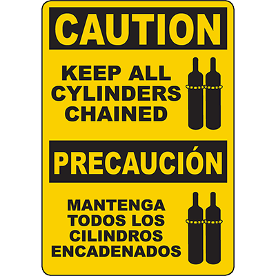 Yellow bilingual caution sign warning to keep all cylinders chained for safety in industrial environments.