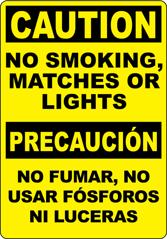 CAUTION No Smoking, Matches Or Lights Bilingual Sign