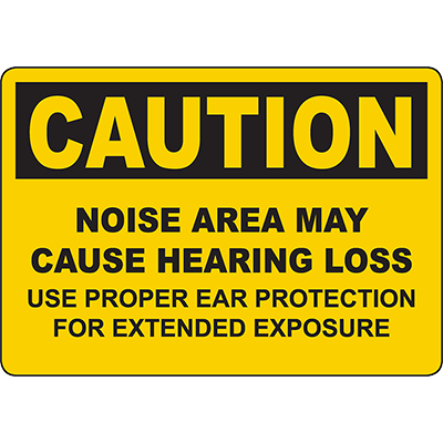 Yellow caution sign warning of noise area and hearing loss, promoting safety with ear protection in industrial settings.