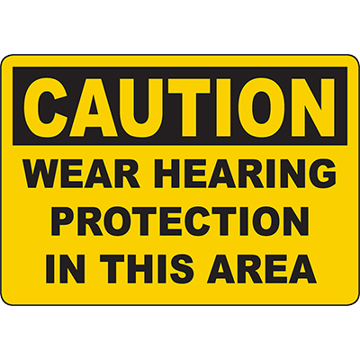 Yellow caution sign instructing to wear hearing protection in this area for workplace safety.