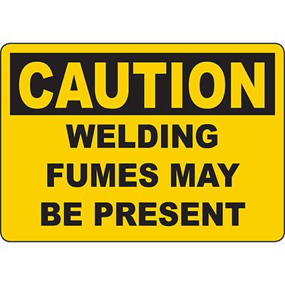 Yellow caution sign warning of potential welding fumes hazards in industrial environments.