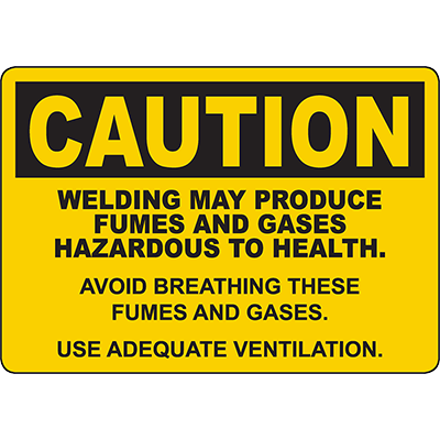 Caution sign warning about welding fumes and gases, highlighting safety measures for industrial environments.