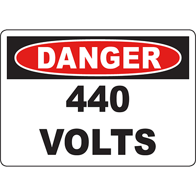 High-visibility danger sign indicating 440 volts for safety in industrial environments.