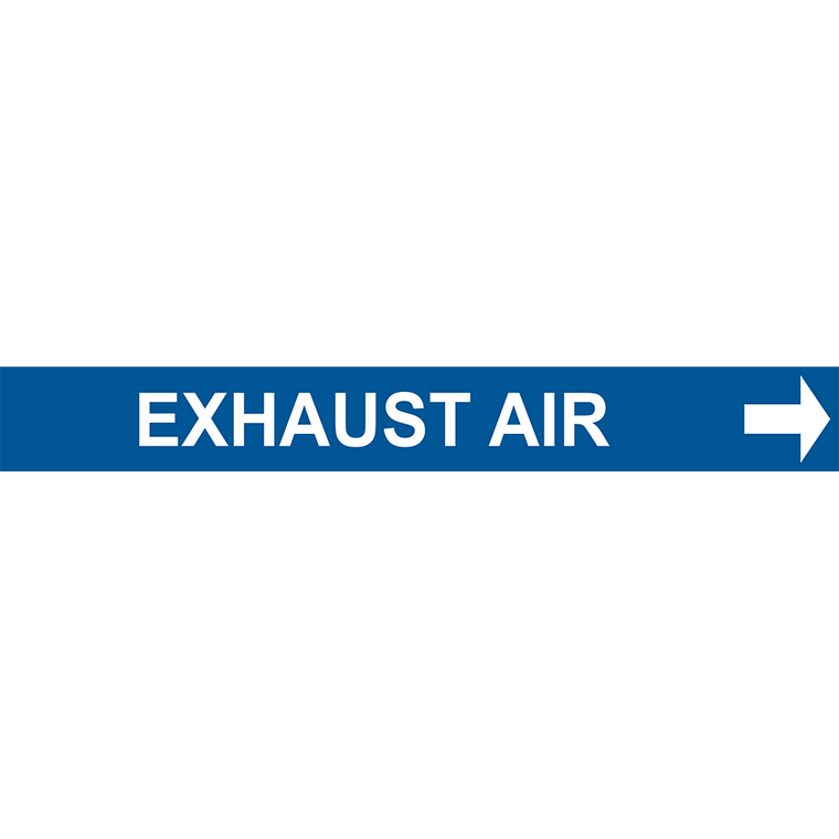 Blue exhaust air pipe marker with directional arrow for clear industrial labeling solutions.