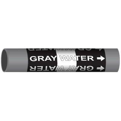 Gray water pipe marker showing clear directional arrows, ideal for industrial labeling solutions and compliance.