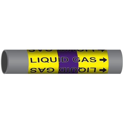 Liquid gas marine pipe marker with bold yellow and purple design for clear identification in industrial labeling.