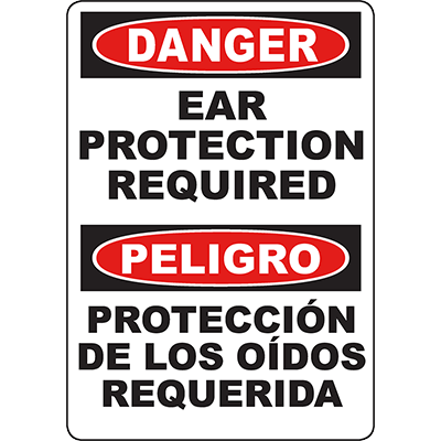 Bilingual danger sign for ear protection required in English and Spanish for industrial safety use.