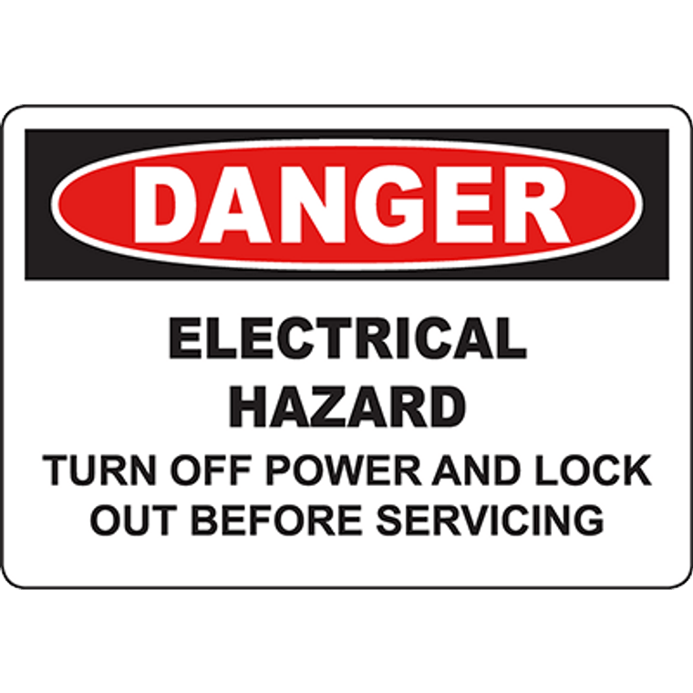 Danger sign warning of electrical hazard; turn off power and lock out before servicing for safety.