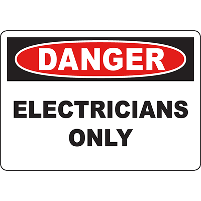 Safety sign indicating 'Danger Electricians Only' for industrial labeling solutions by Duralabel.