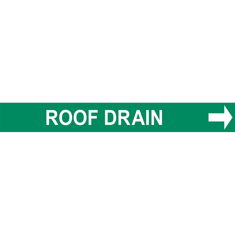 Green roof drain marker with directional arrow for clear industrial labeling solutions.