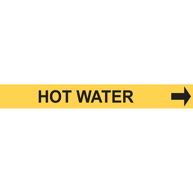 Yellow directional label marking 'Hot Water' for ANSI compliance in industrial settings.