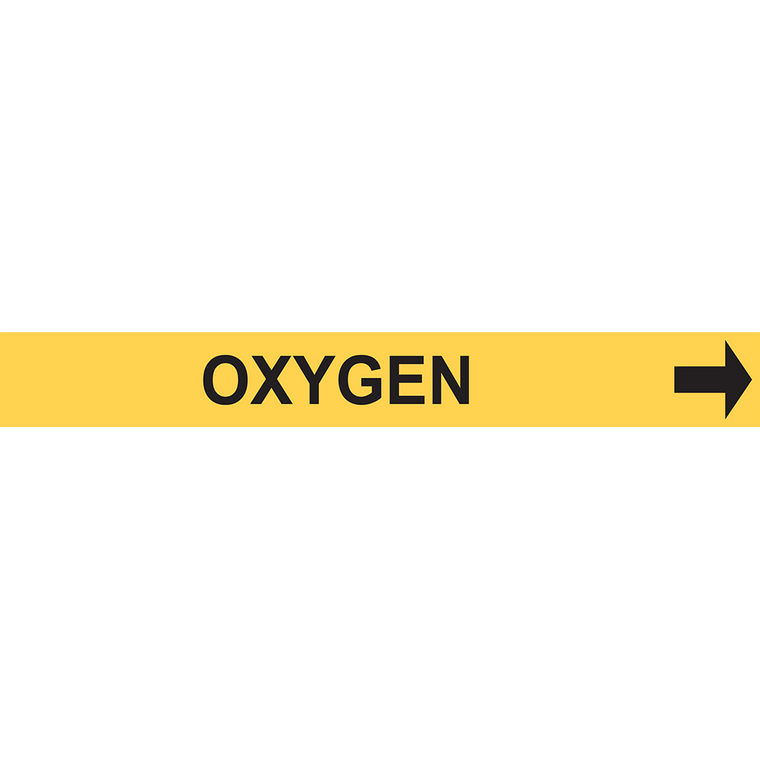 Yellow pipe marker labeling oxygen flow direction for industrial safety and compliance solutions.
