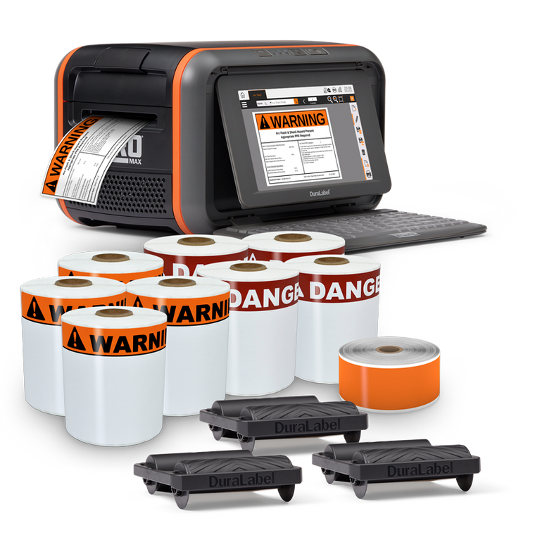 Industrial labeling solutions with DuraLabel Toro Max printer, safety labels, and colored ribbon for effective arc flash warnings.