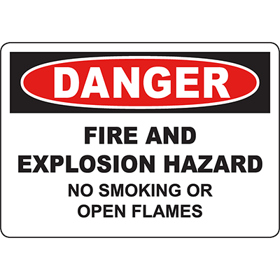 Warning sign indicating fire and explosion hazards, emphasizing no smoking or open flames for safety in industrial settings.