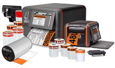 Industrial label printers and supplies for Arc Flash safety kits, featuring warning labels and color-coded rolls.