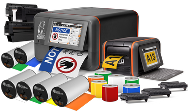 Industrial labeling solutions featuring the DuraLabel Toro Max and Kodiak Max, with OSHA-compliant labels and colorful ribbon options.