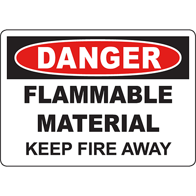 Red and black danger sign warning of flammable material, urging to keep fire away for safety in industrial settings.