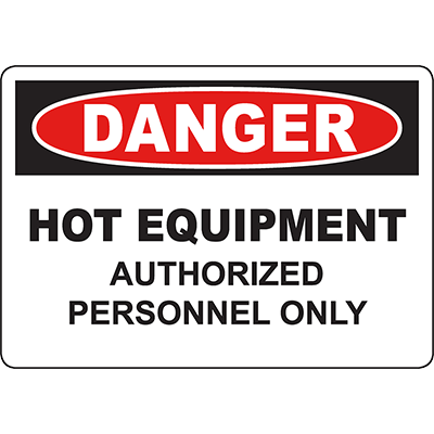 Warning sign for hot equipment access, indicating authorized personnel only for safety in industrial environments.