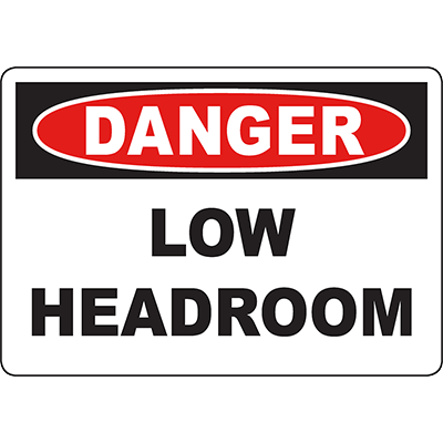 Warning sign indicating 'Danger Low Headroom' for safety compliance in industrial environments.