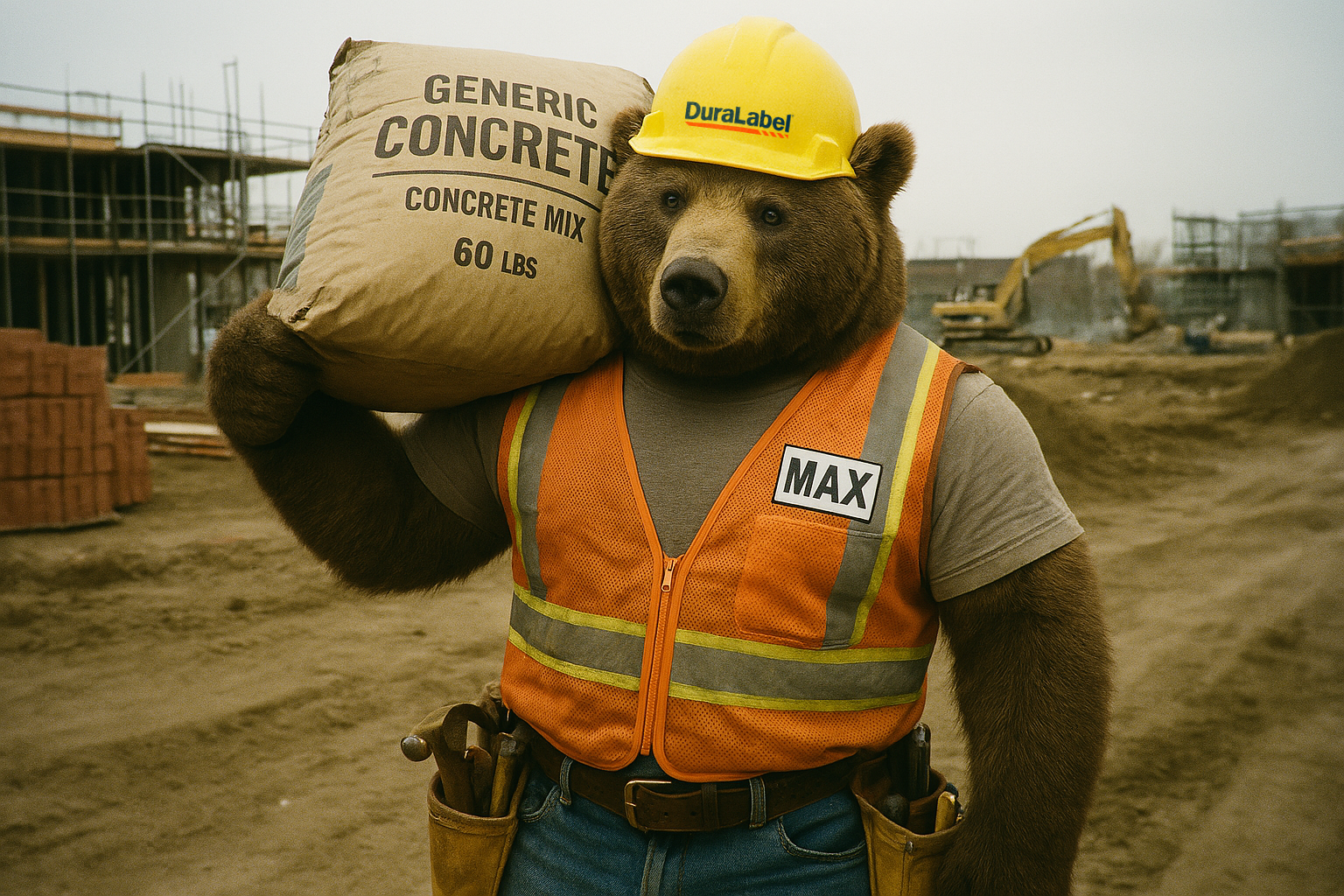 Max the Bear carrying a bag of concrete on his shoulder through a construction site.
