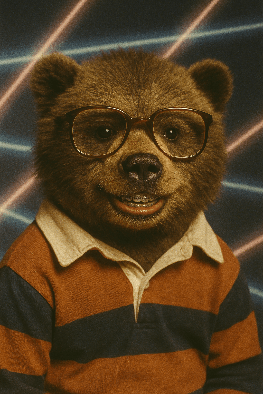 Max the Bear's Elementary School photo as a child with glasses and braces.