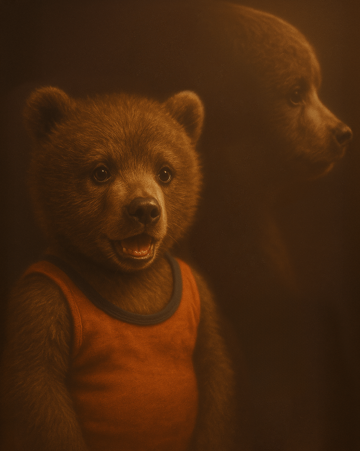 Max the Bear as a toddler in a 1980's style double exposure photo.