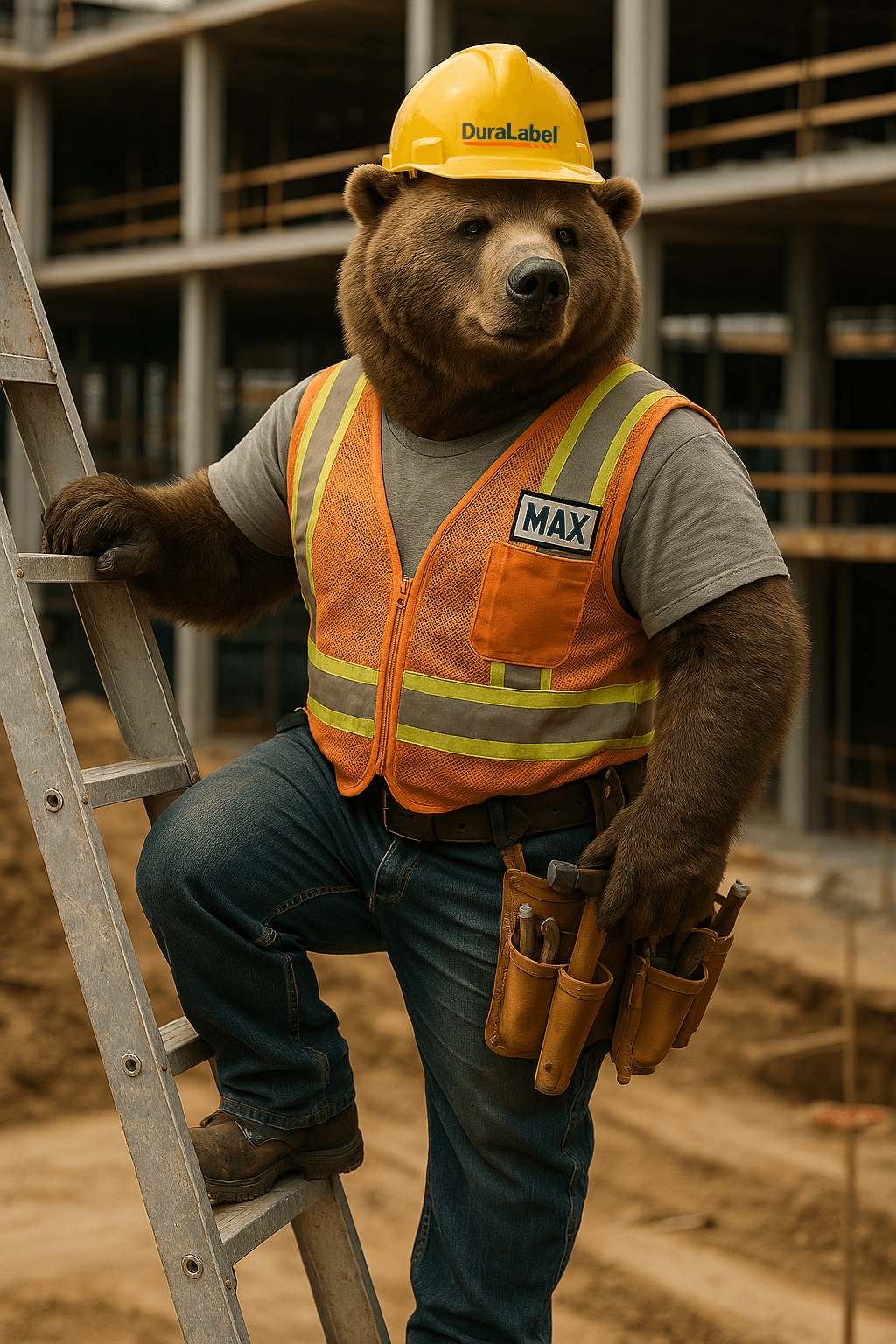 Max the Bear climbing a ladder, looks off into the distance. There is a construction site visible in the background