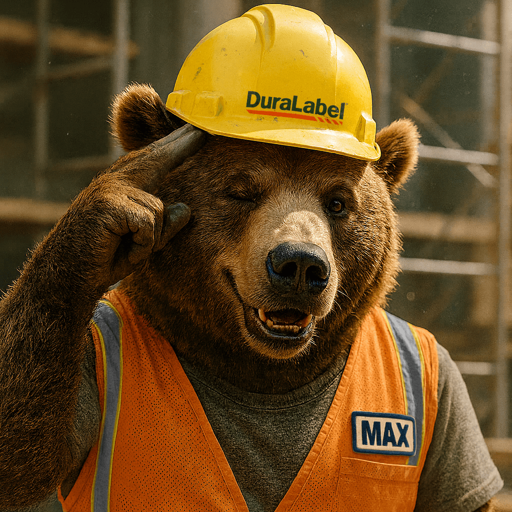 Max the Bear tapping his hard hat and winking at the viewer to remind them that safety is paramount.