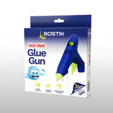 Bostik Hot Melt Glue Gun product box featuring a blue and yellow trigger-action applicator gun